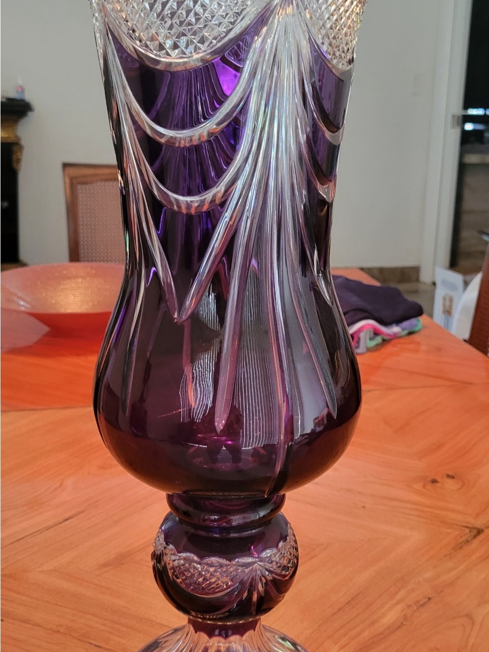 Gorgeous vintage large Czech Amethyst Cut Glass Decorative Vase - Elegant Accent